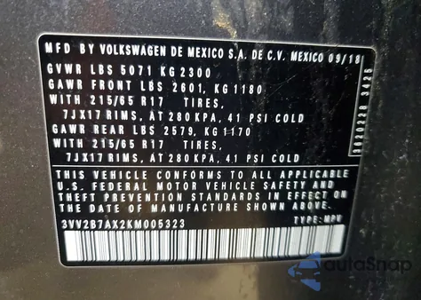 2019 Volkswagen Tiguan Se z USA, uszkodzony, nr VIN 3VV2B7AX2KM005323